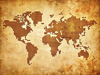 Fototapeta na wymiar Vintage World Map: Square Dotted Globe, Retro Travel Poster, Grunge Texture