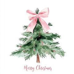 Watercolor Christmas Tree Pink Bow