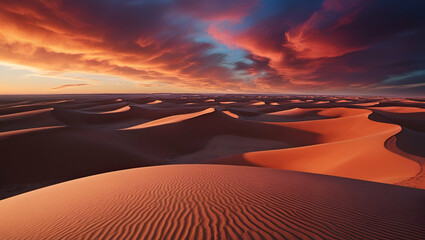 Naklejka premium Under the sunset's embrace, the dunes glow with warmth and color. The expansive horizon and radiant sky transform the desert into a masterpiece of natural splendor.