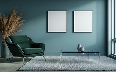 Modern living room interior, green armchair, blank frames, sunlight.