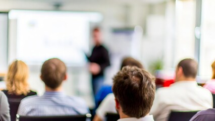 Business Presentation Background: A blurred office setting, with a focus on the presenter in the foreground, ideal for business presentations.
