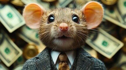 Wealthy mouse in suit amidst money.