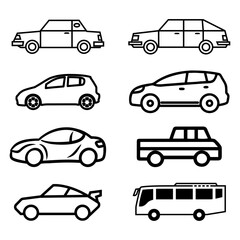 Transporttation vehicles automobile traffic of trasport car van truck black siluete side view pictograms icons outline set colletions vector flat design white background