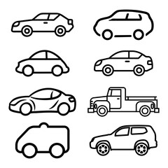 Transporttation vehicles automobile traffic of trasport car van truck black siluete side view pictograms icons outline set colletions vector flat design white background