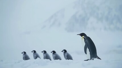Obraz premium A parent emperor penguin leads its chicks in a snowy landscape.