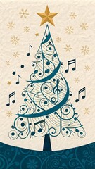 Vintage Musical Christmas Tree Illustration with Teal & Gold Accents V10