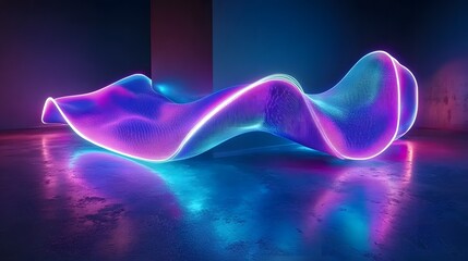 Obraz premium Abstract neon curved wave background with glowing blue and purple lines on a dark concrete floor, an empty room illuminated by light rays from the side, creating a futuristic and dramatic atmosphere