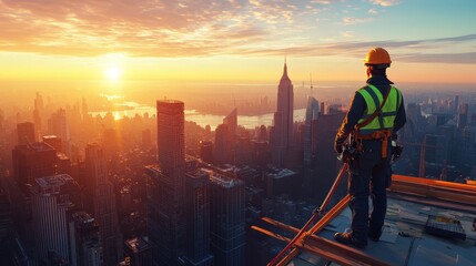 Fototapeta premium Panoramic View of Skyscrapers During Construction at Sunrise with Industrial Worker Overlooking Cityscape