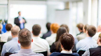 Business Seminar with Blur Effect: A blurred background of a seminar room, highlighting a speaker presenting to an engaged audience.
