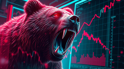 Stock market down trend, a bear market concept with stock chart digital numbers crisis red price drop arrow down chart fall / stock market bear finance risk trend investment , Roaring bear