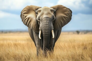 Fototapeta premium Large elephant stands tall in golden grass.
