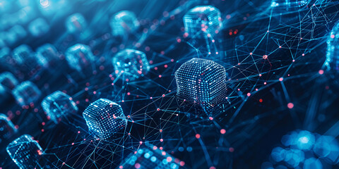 Abstract blockchain network with glowing data nodes, Futuristic visualization of digital data and technology connections

