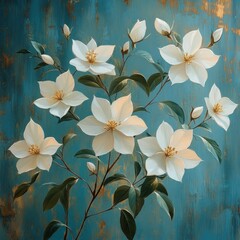Obraz premium White blossoms, teal background, painted flowers.