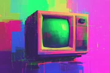 Retro TV with vibrant, glitch art background.