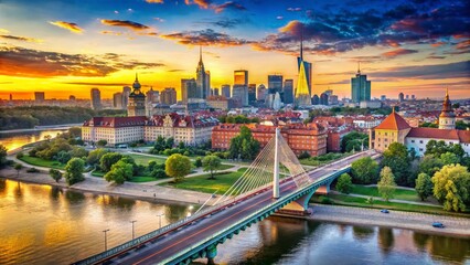 Warsaw Panorama, Srednicowy Bridge, Cityscape, Poland, Vistula River