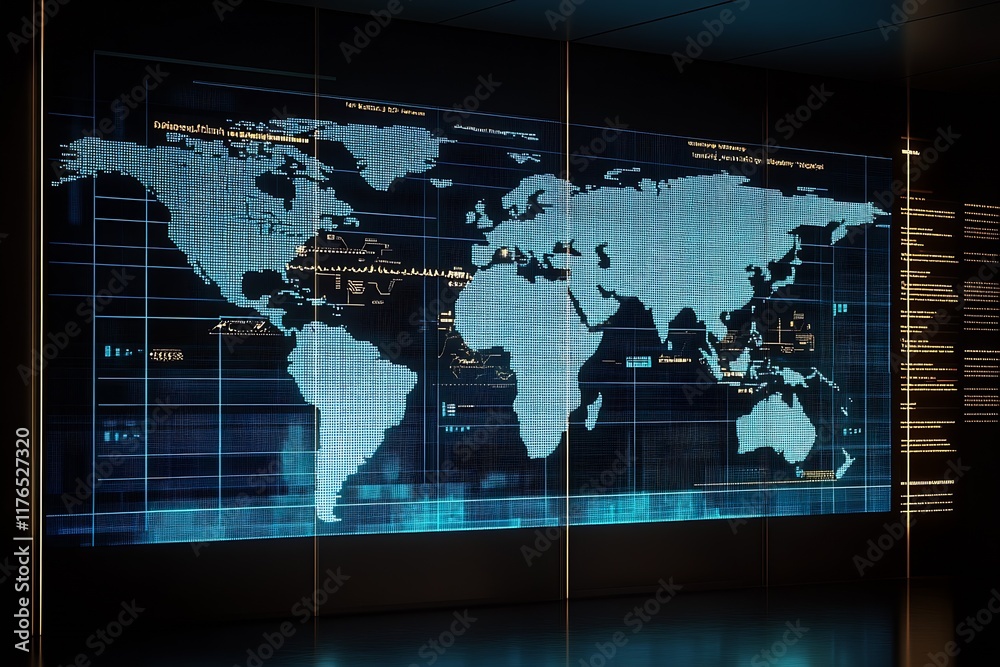 Aufkleber Futuristic Digital World Map Display with Illuminated Information Data on a Screen : Generative AI