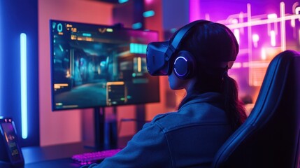 Immersive Virtual Reality Gaming Experience: Woman in VR Headset Enjoying Futuristic Game on Large Screen