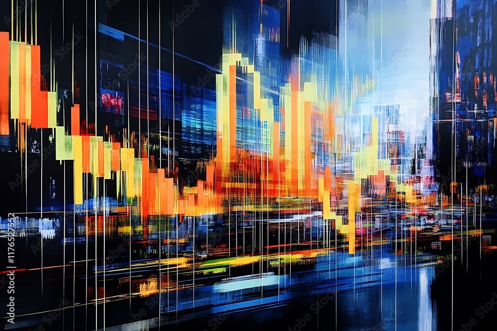 Poster Dynamic Digital Abstract Cityscape With Vibrant Light Patterns and Motion Effect : Generative AI