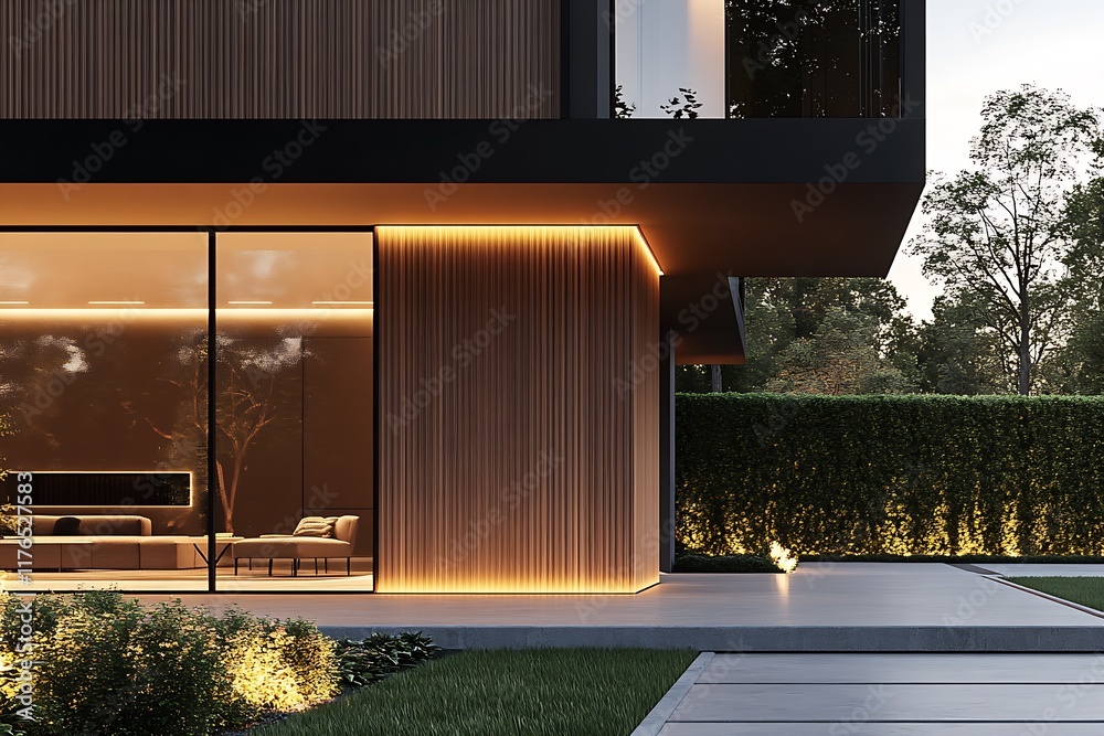 Aufkleber contemporary minimalist house with large windows and wooden facade for modern architecture : generat