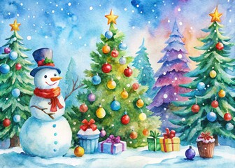 Obraz premium Watercolor Christmas Trees, Snowman & Festive Decorations - Winter Holiday Stock Photo