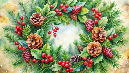 Fototapeta premium Watercolor Christmas Wreath Holiday Winter Decoration - Festive Stock Photo