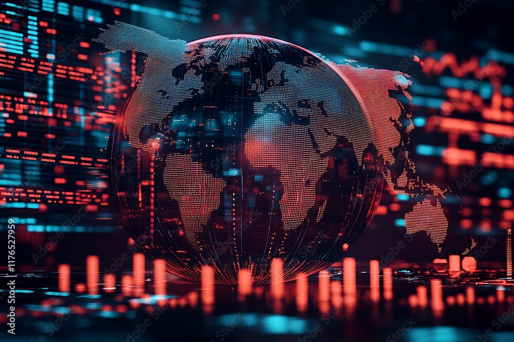 Poster Global Digital Network Visualization with Red and Blue Data Overlays : Generative AI