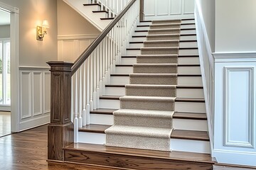 Fototapeta premium Grand staircase with wooden handrails and beige carpet in a bright elegant home : Generative AI