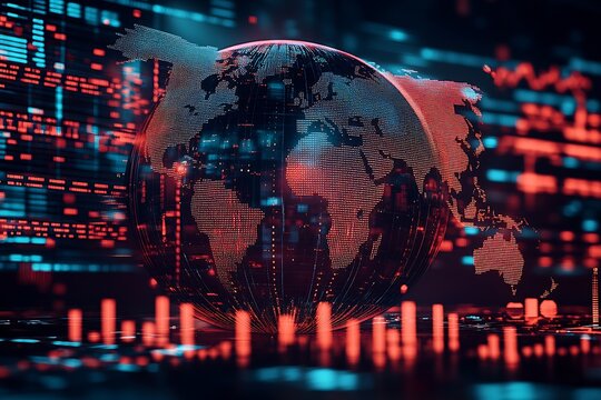 Global Digital Network Visualization with Red and Blue Data Overlays : Generative AI