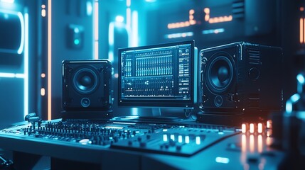 Fototapeta premium A futuristic music studio with neon lights, a mixing console, and large speakers.