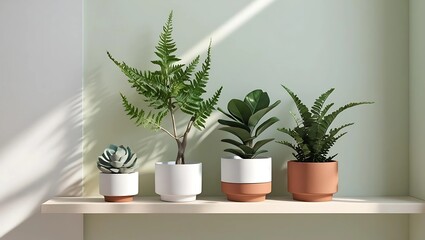 Indoor Plant Arrangement with Succulents, Ferns, and Fiddle Leaf Fig on Wooden Shelf