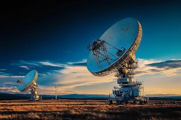 Scenic Landscape with Two Satellite Dishes Under Dramatic Sunset Sky : Generative AI