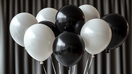 Black and white balloons bunch, indoor, dark curtain backdrop, celebration