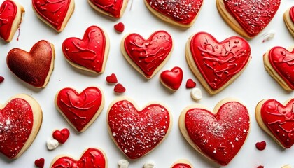 Assorted cookies in the shape of hearts decorated with red icing on a white background.