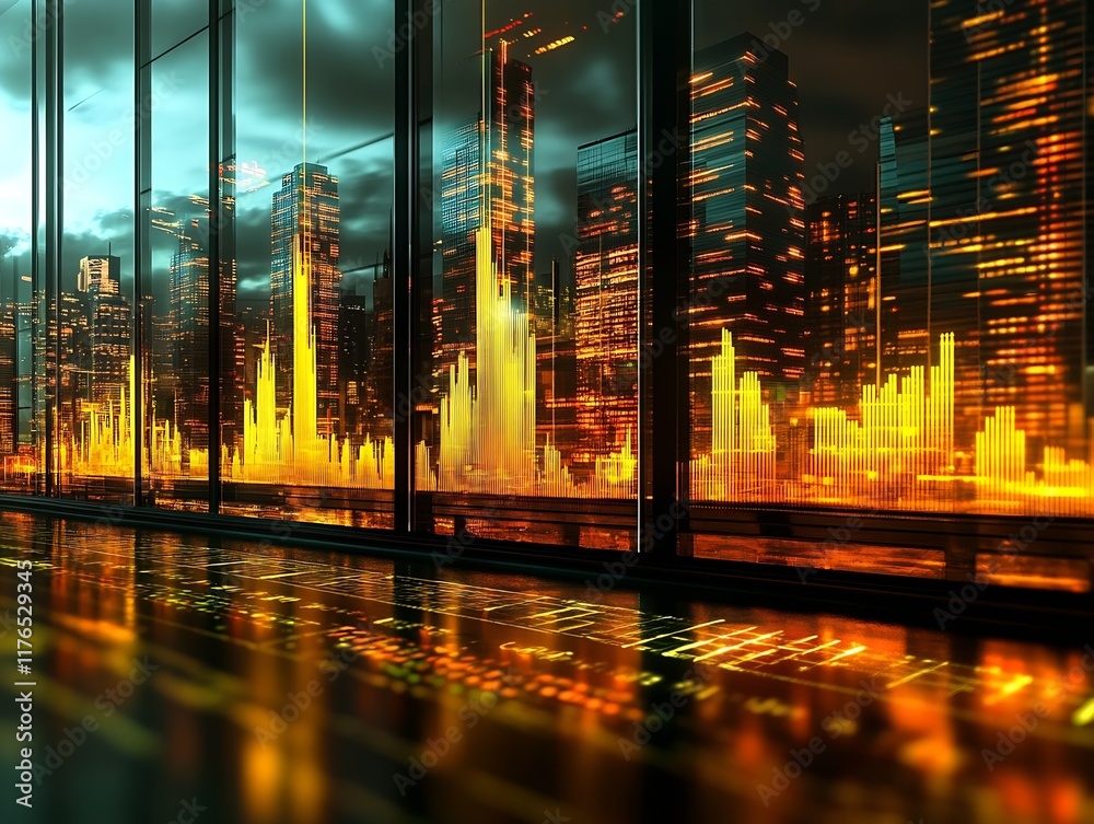 Aufkleber vibrant urban skyline view from modern office with floor to ceiling windows at dusk : generative ai