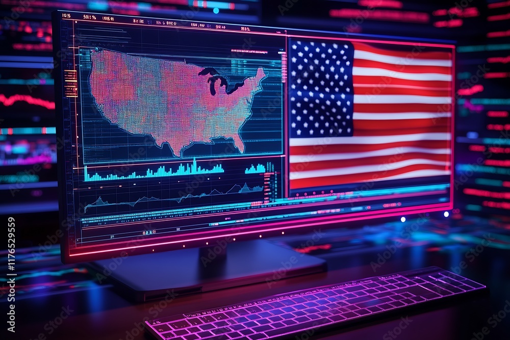 Aufkleber High-Tech Digital Data Display with United States Map and American Flag Theme : Generative AI