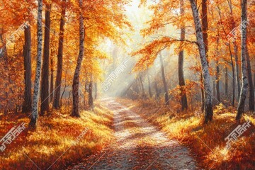 Obraz premium Sunlit autumn path through vibrant orange and gold forest.