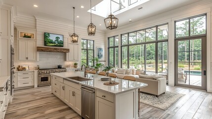 Fototapeta premium Luxurious Farmhouse Kitchen with Open-Plan Living Area and Stunning Natural Light