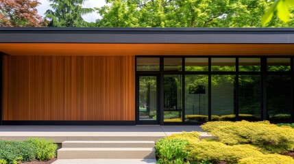 Fototapeta premium Modern architectural design featuring a wooden facade and large glass windows in a lush setting.
