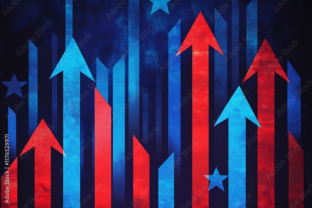 Aufkleber Red and Blue Upward Arrows on Stars and Stripes Background Symbolizing Growth and Progress : Generative AI