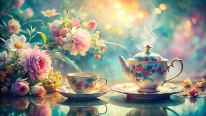 Fototapeta premium Watercolor Vintage Tea Set Double Exposure: Elegant Floral Botanical Overlay