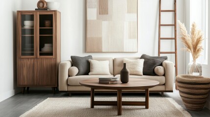 a living room with a couch, coffee table, and a cabinet