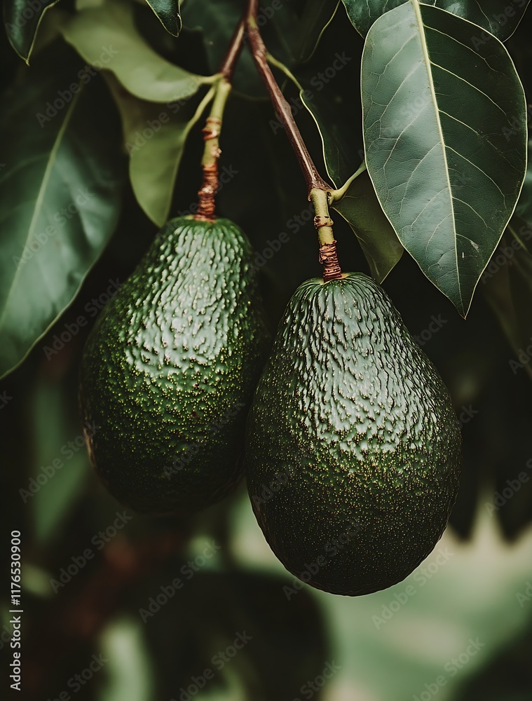 Poster fresh green avocados hanging on tree branch in lush garden setting : generative ai