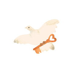 White dove flying with a golden key in its paws. Symbol of love. Isolated watercolor illustration for valentine card. Clipart.