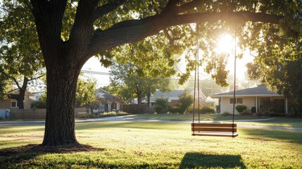 Sunny Day at a Charming Neighborhood Park with a Wooden Swing