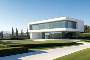 Modern Minimalist House Design with Large Windows and Luxurious Landscaping in Sunny Setting : Generative AI