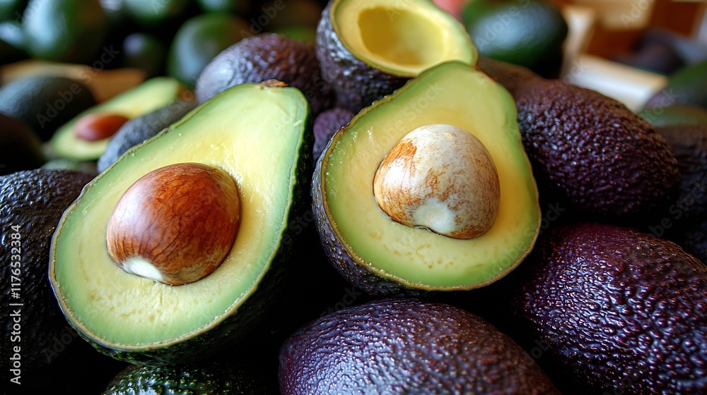 Poster fresh avocados displayed lushly with focus on juicy halved fruit : generative ai