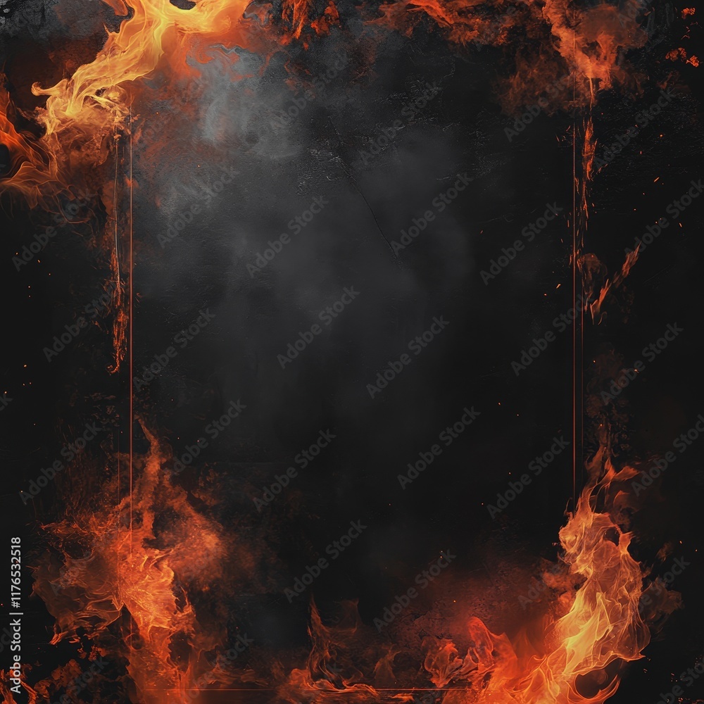 Poster fiery frame with smoky, dark center; ideal for text or images.