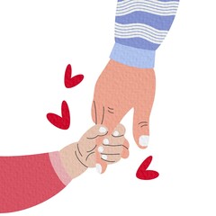 The mother's hand holds the baby's hand. Child's hand in mother's hand. Illustration, vector on white background.