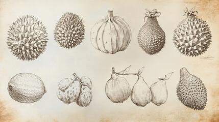Exotic and tropical fruits. Vector pencil sketch isolated icons of papaya, durian, carambola, lychee, mangosteen, guava, fig, dragon fruit