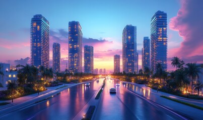 Fototapeta premium Modern city skyline, illuminated at twilight.